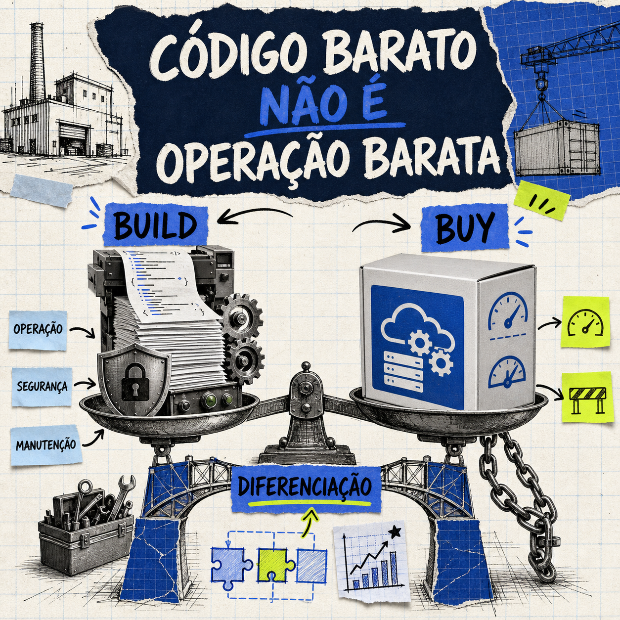 Comparação build versus buy mostrando que código barato não elimina custos de operação