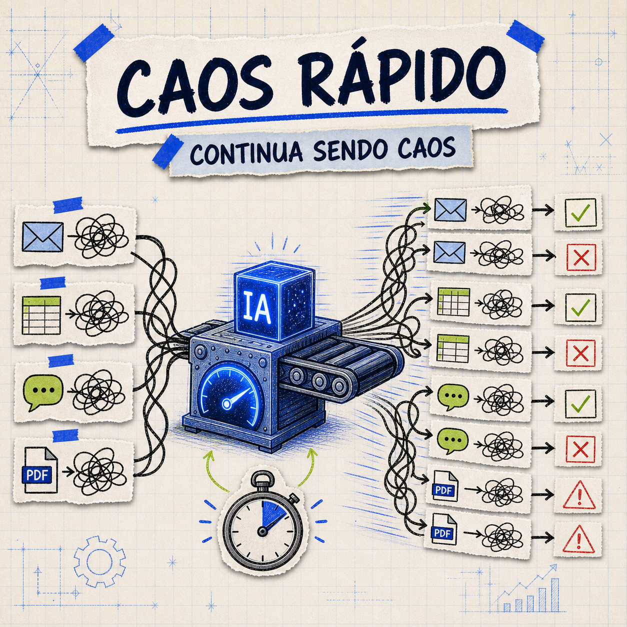 Um fluxo confuso entrando em um acelerador de IA e saindo como caos mais rápido, enquanto um fluxo claro ganha escala com controle