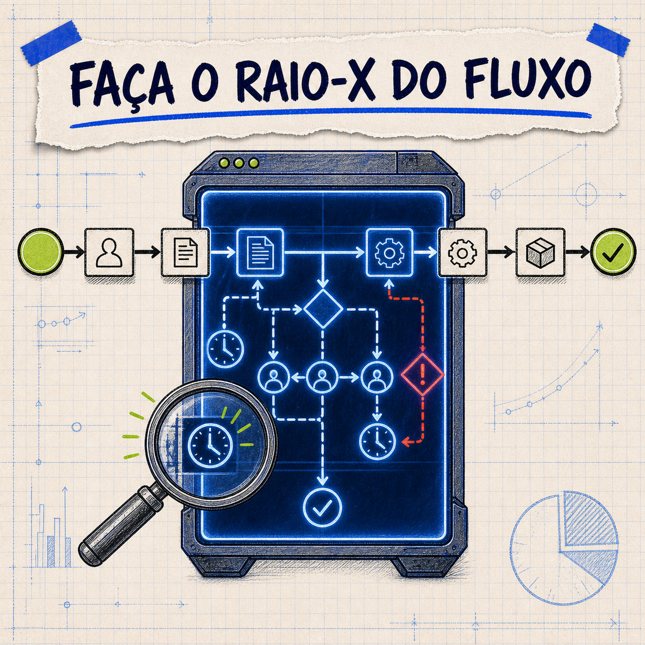 Raio-X de um processo mostrando entradas, decisões, esperas, repasses, exceções e resultado final